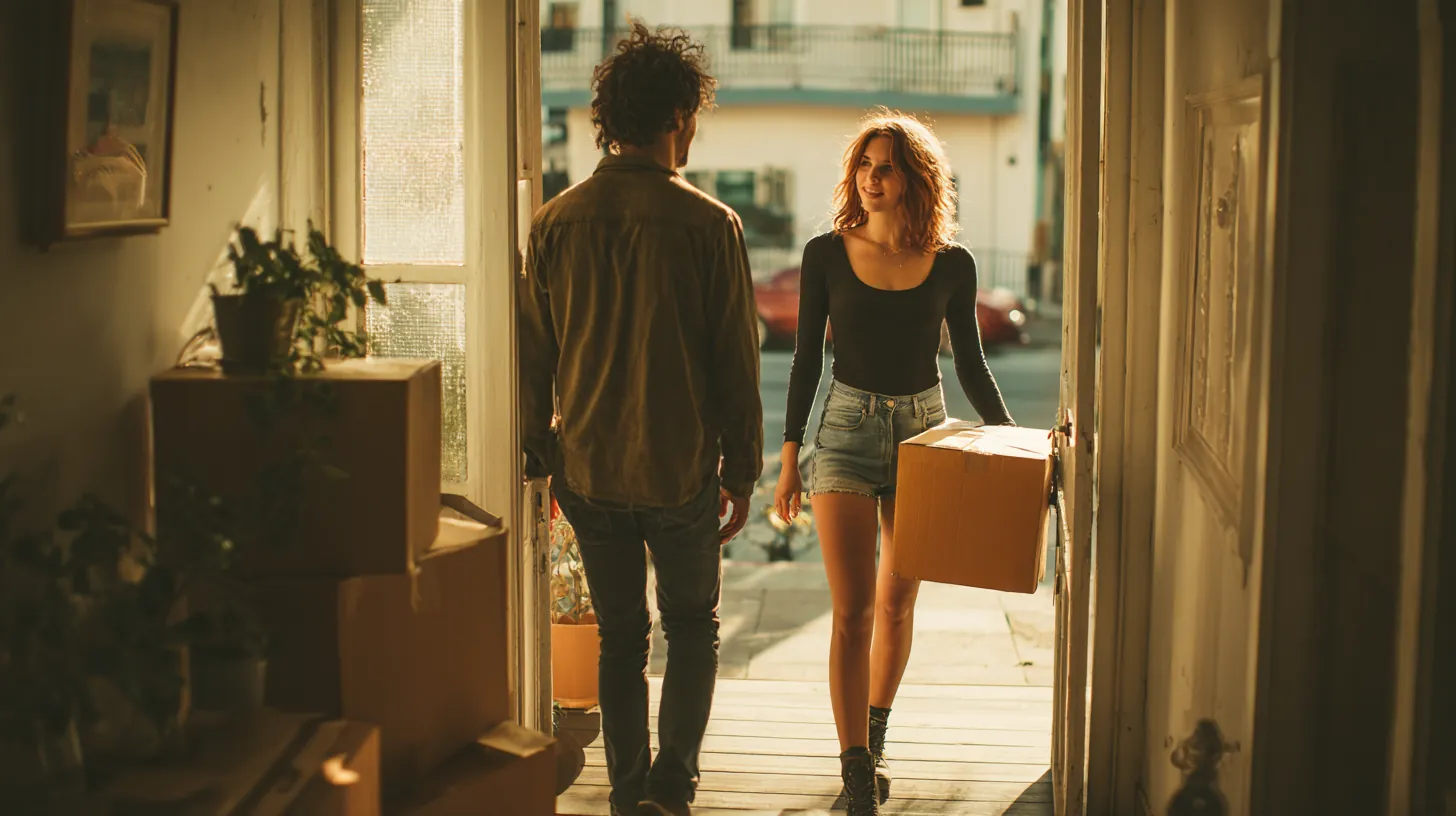 Couple in their 30s carrying moving boxes through the front door of their new apartment, a move many people cover with a $2,000 loan