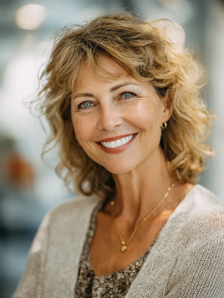 Woman in her 50s beaming as she walks out of a dental office after treatment