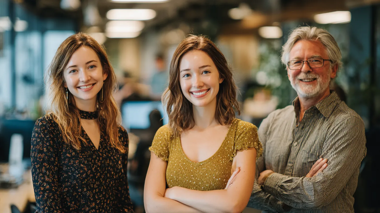 Three colleagues of different ages standing together and smiling in a bright open-plan office