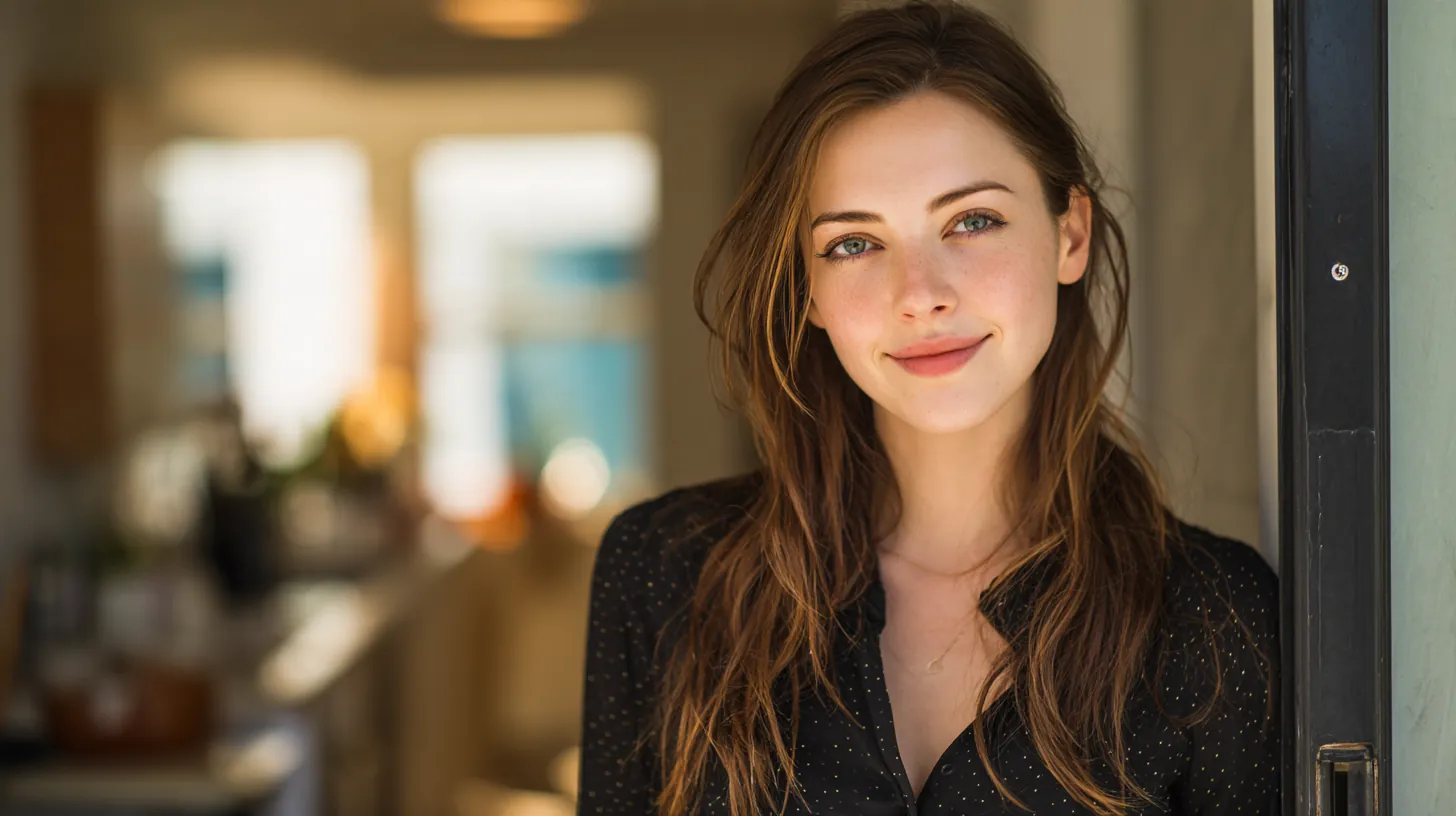 Woman in her 20s leaning in the doorway of her new apartment and smiling after finishing her request for sunset loans