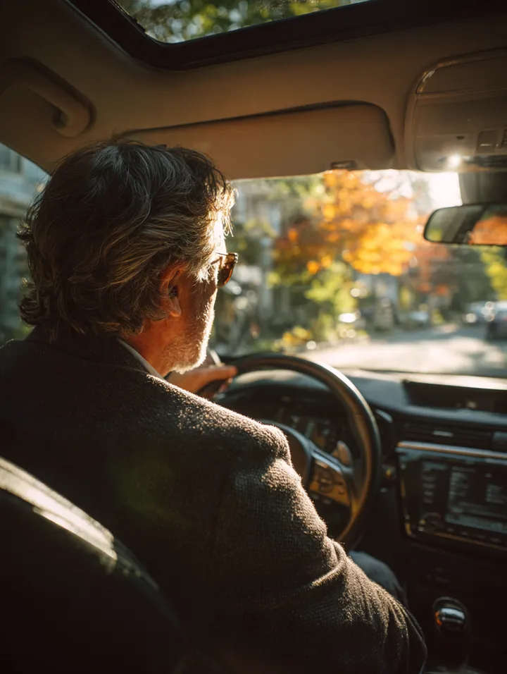Back-seat view of a man in his 40s driving a sedan out of a residential driveway