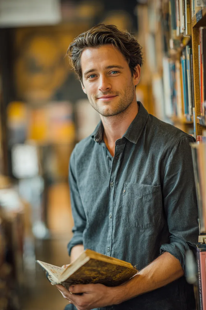 Man in his 20s holding a paperback in a bookstore aisle