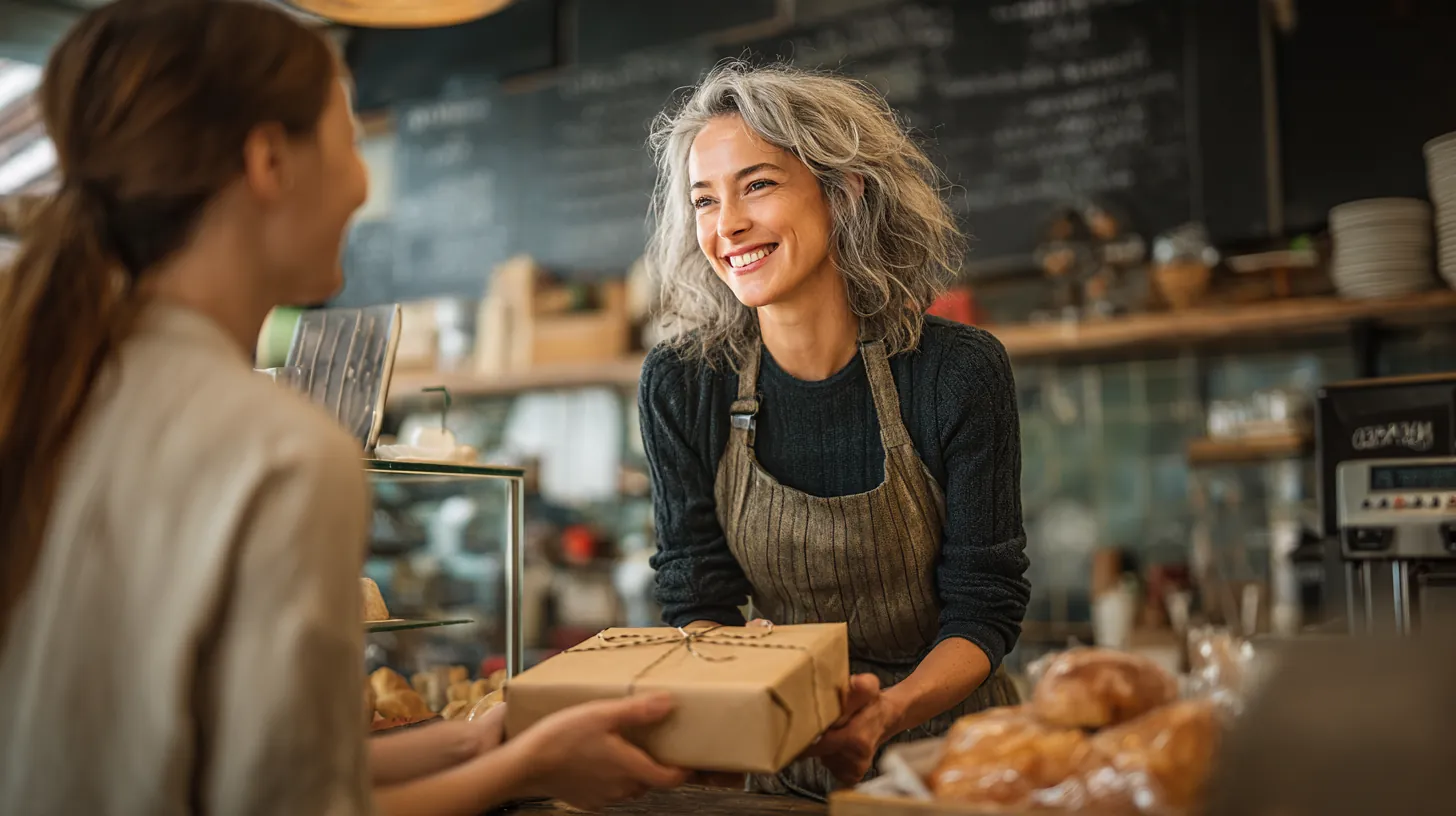 Bakery owner in her 40s handing a pastry box across the counter to a smiling customer