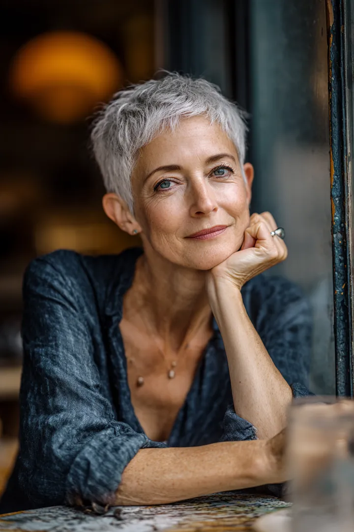 Woman in her 60s with short silver hair resting her chin on her hand at a cafe window while weighing sunset loans offers