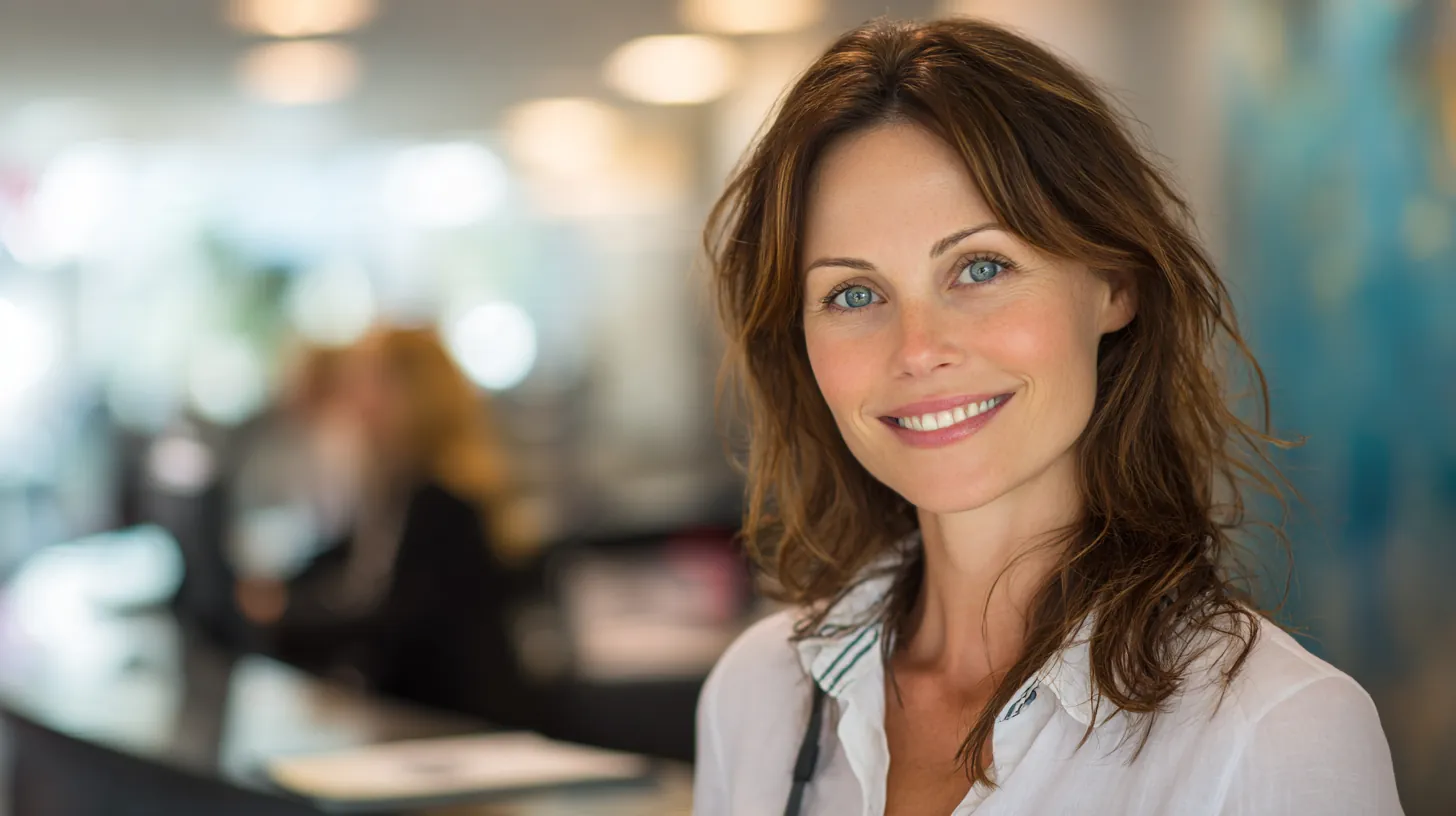 Friendly receptionist in her 40s smiling behind a bright front desk