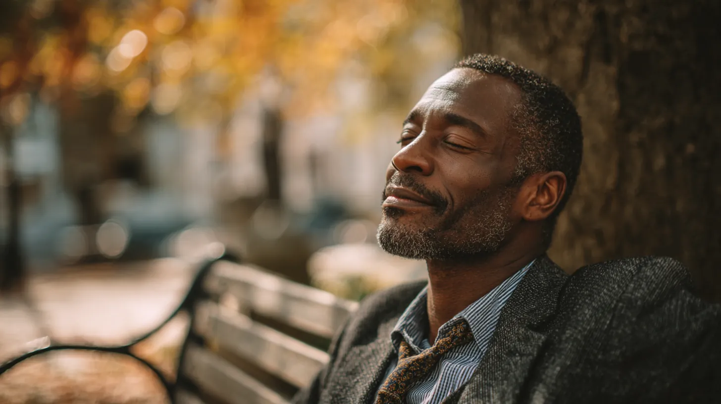 Man in his 40s exhaling with relief on a park bench after comparing sunset loans with a balance transfer offer