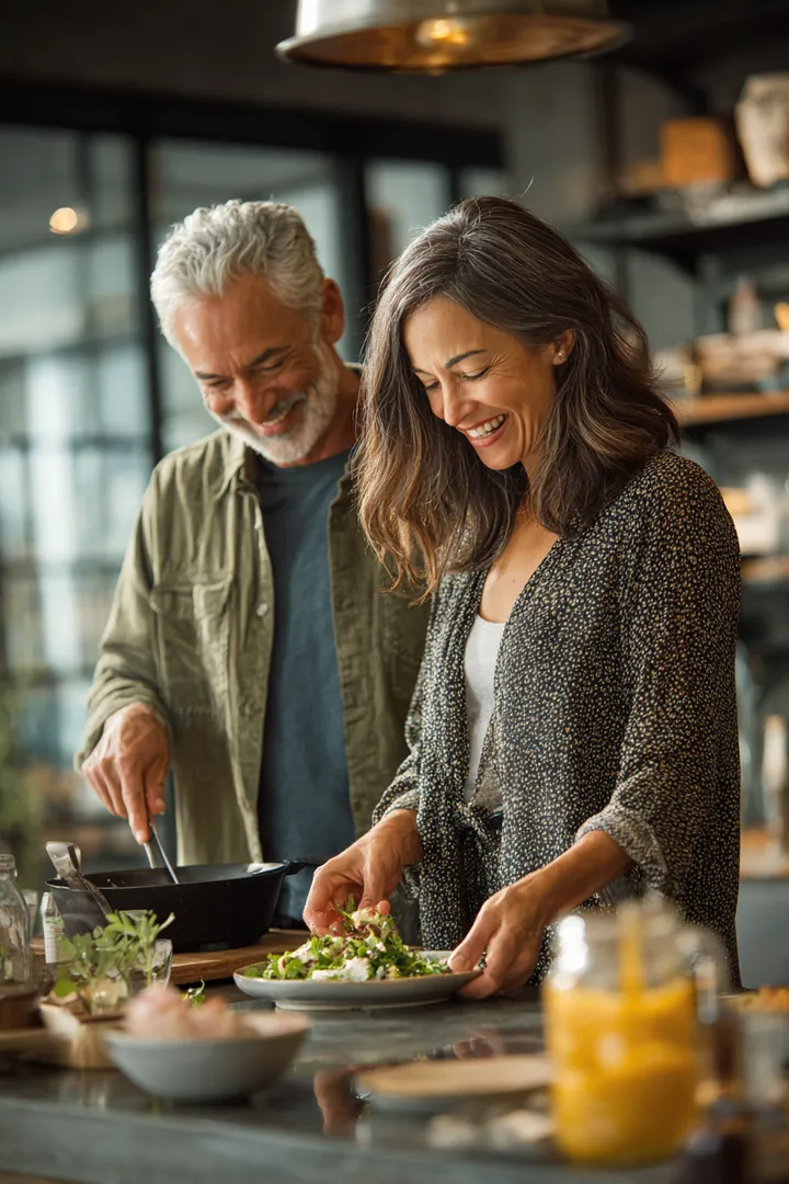 Couple in their 50s cooking dinner together at a kitchen island