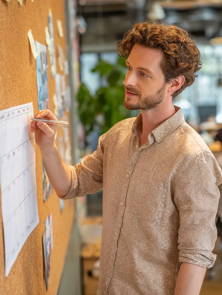 Man in his 30s pinning a monthly debt payoff plan to a cork board above his desk