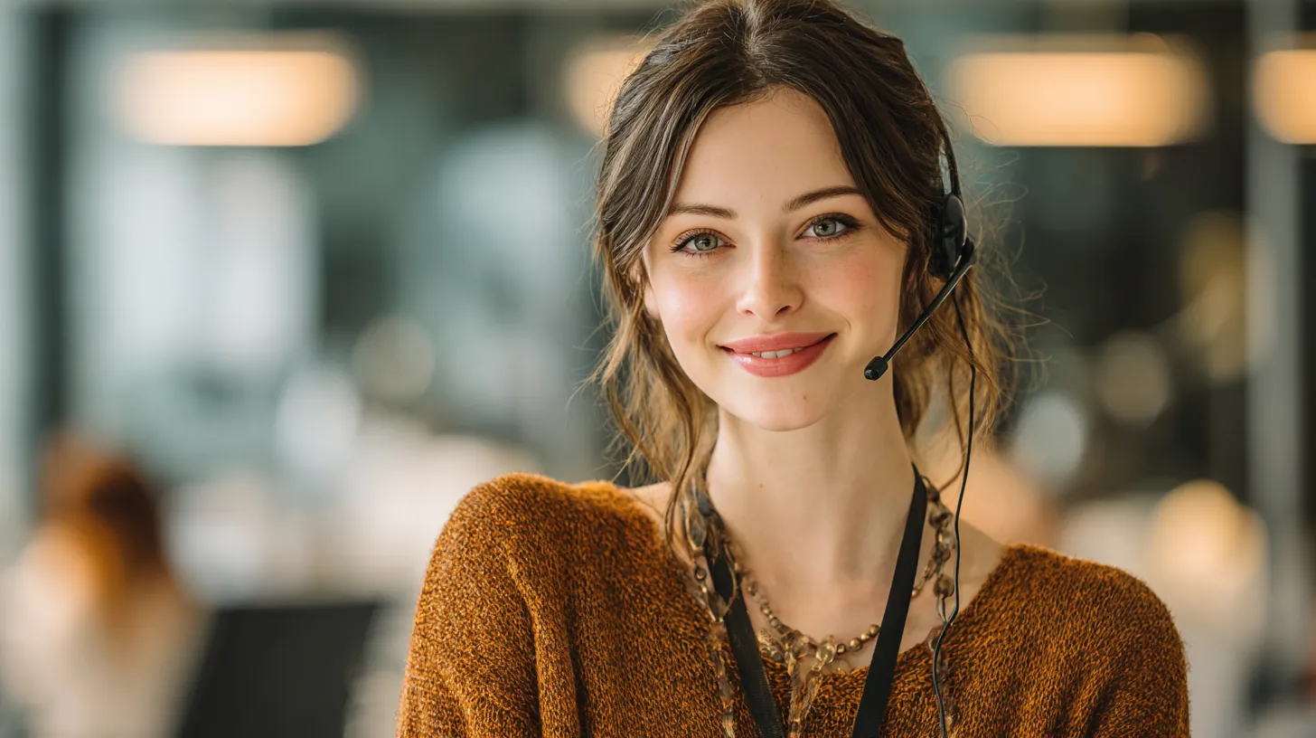 Smiling support specialist in her 30s wearing a slim headset, ready to answer questions about sunset loans