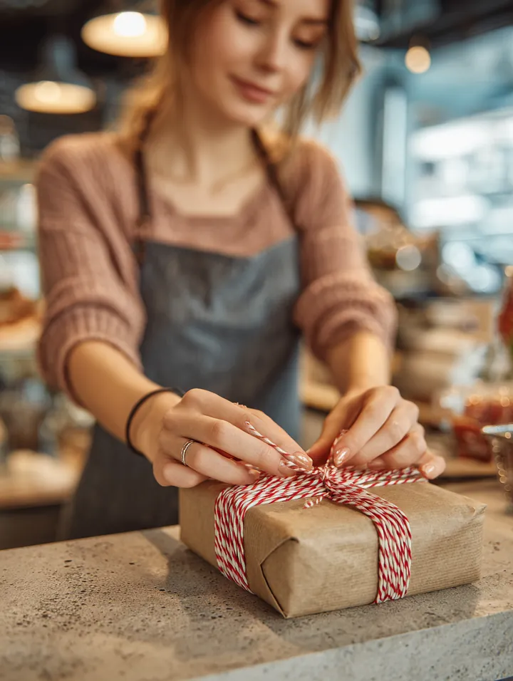Hands wrapping a gift box in kraft paper and tying it with red-and-white twine