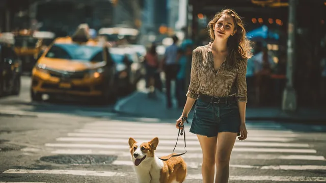 Woman in her 20s crossing a sunny crosswalk with her corgi on a leash after reading about sunset loans