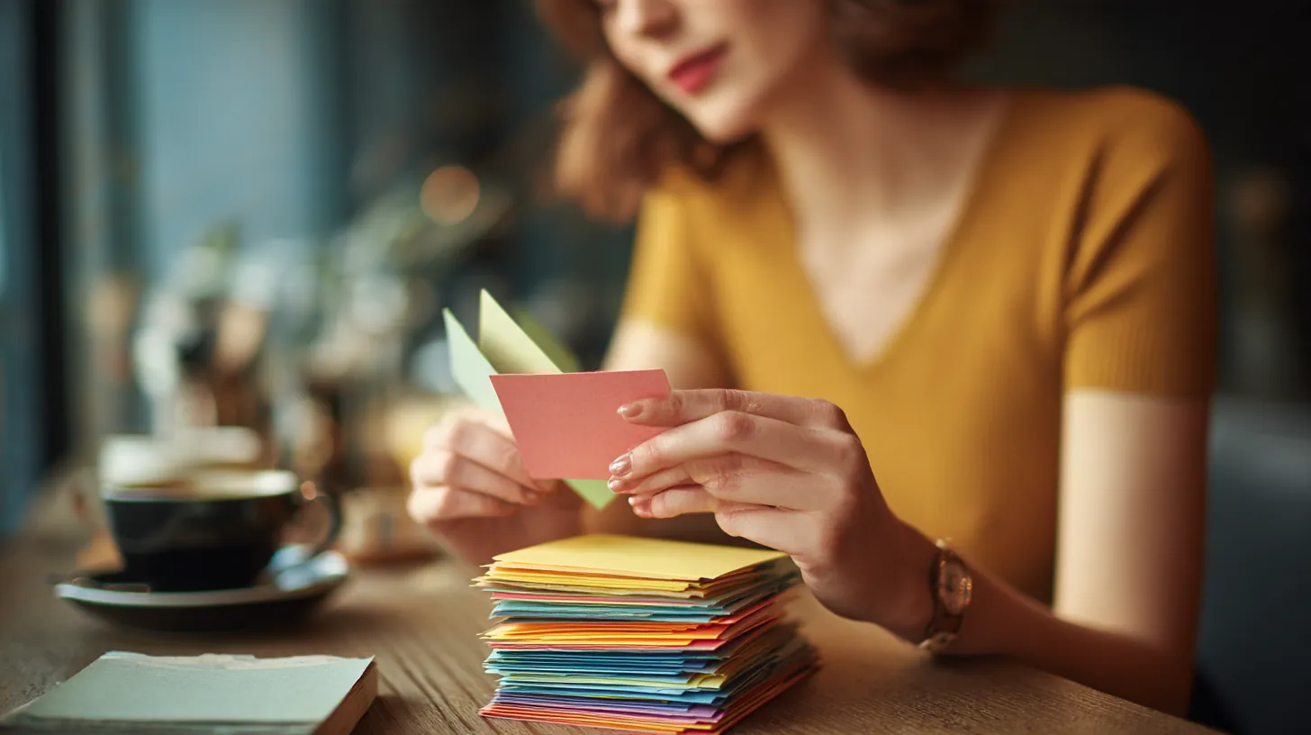 Young woman's hands flipping colorful index cards on a cafe table while studying sunset loans terms
