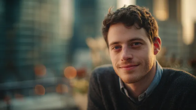 Man in his 20s on an urban rooftop terrace in warm evening light, weighing sunset loans against a cash advance app