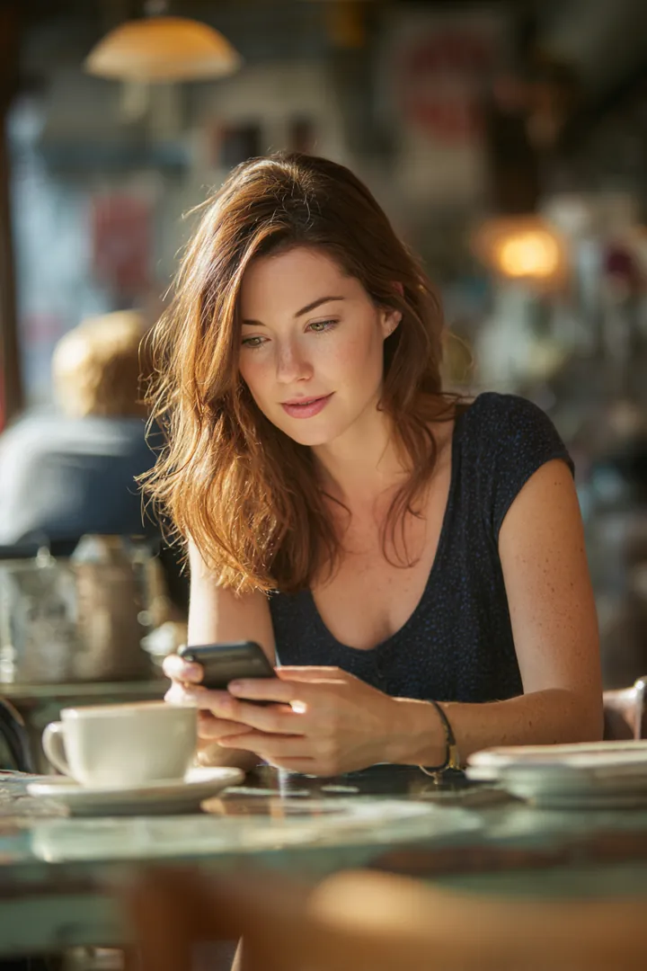Woman in her 30s scrolling a banking app on her phone at a cafe table while checking an advance repayment date