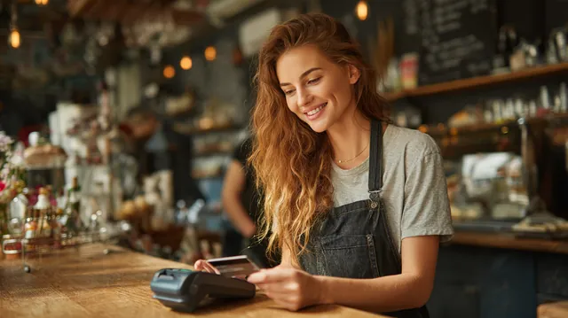 Woman tapping a credit card on a cafe payment terminal while weighing sunset loans against her card