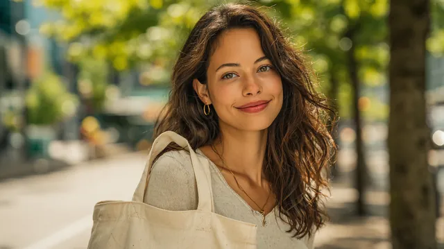 Woman in her 30s smiling as she walks down a tree-lined downtown sidewalk with a canvas tote after comparing sunset loans for a personal expense