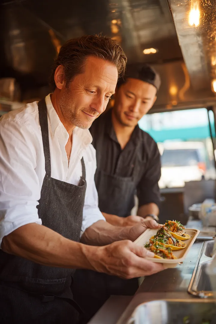 Two cooks in their 40s smiling as they serve tacos through the window of their food truck