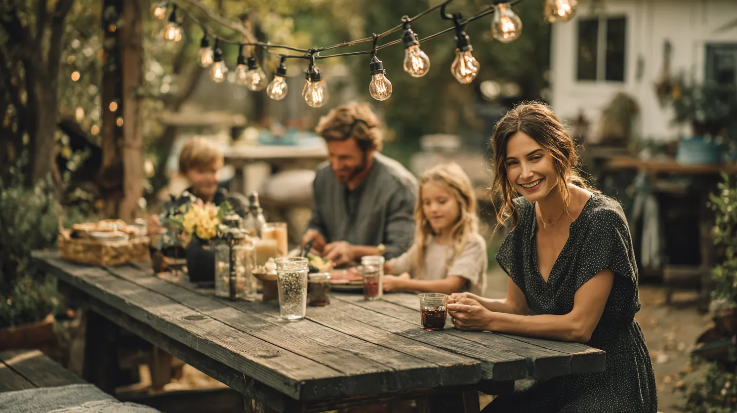 Family of four hanging string lights over a backyard picnic table for a birthday, an event some families cover with sunset loans