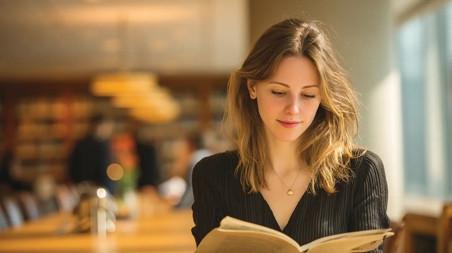 Woman in her 30s reading a book at a long table in a public library