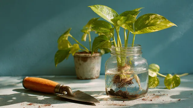 Pothos cutting rooting in a glass jar beside a trowel on a greenhouse bench, a symbol of slowly growing credit before requesting sunset loans